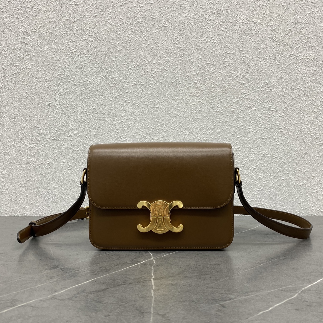 Celine Teen Triomphe Bag In Shiny Calfskin Dark Brown 188423